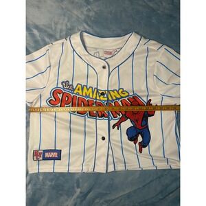 Marvel The Amazing Spider-Man Baseball Jersey Womens Medium White Pinstripe Crop